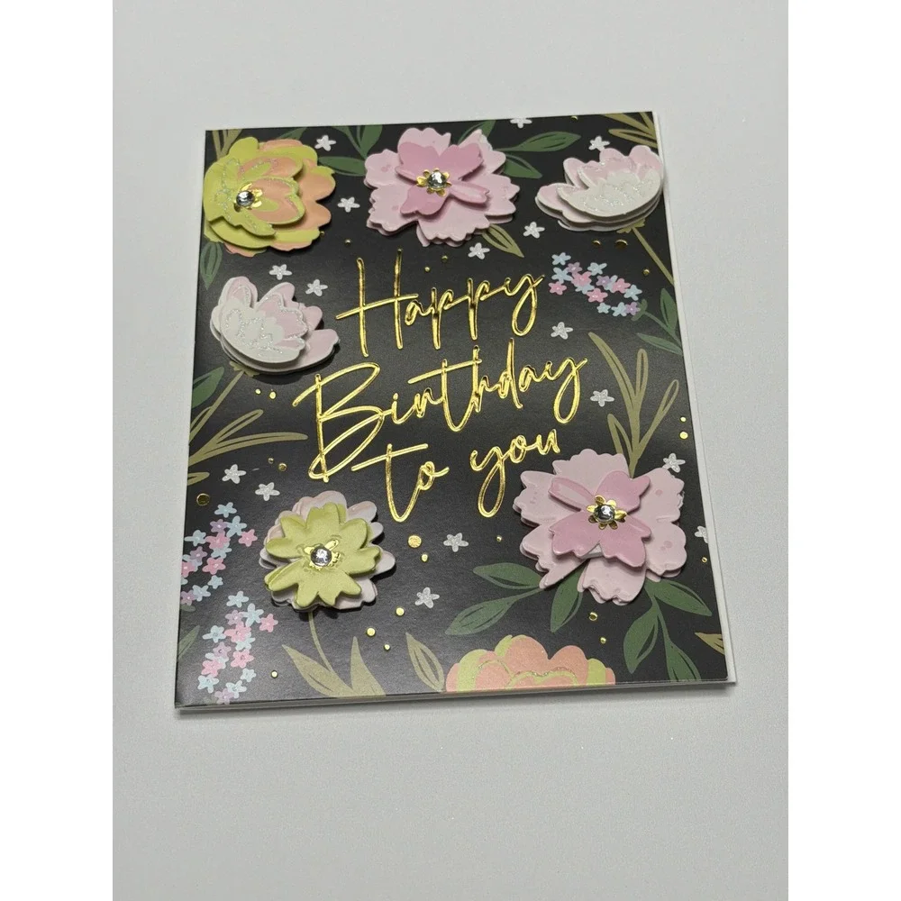 Handmade 3D‎ Floral Happy Birthday Card Gold Foil Rhinestone Botanical Blank